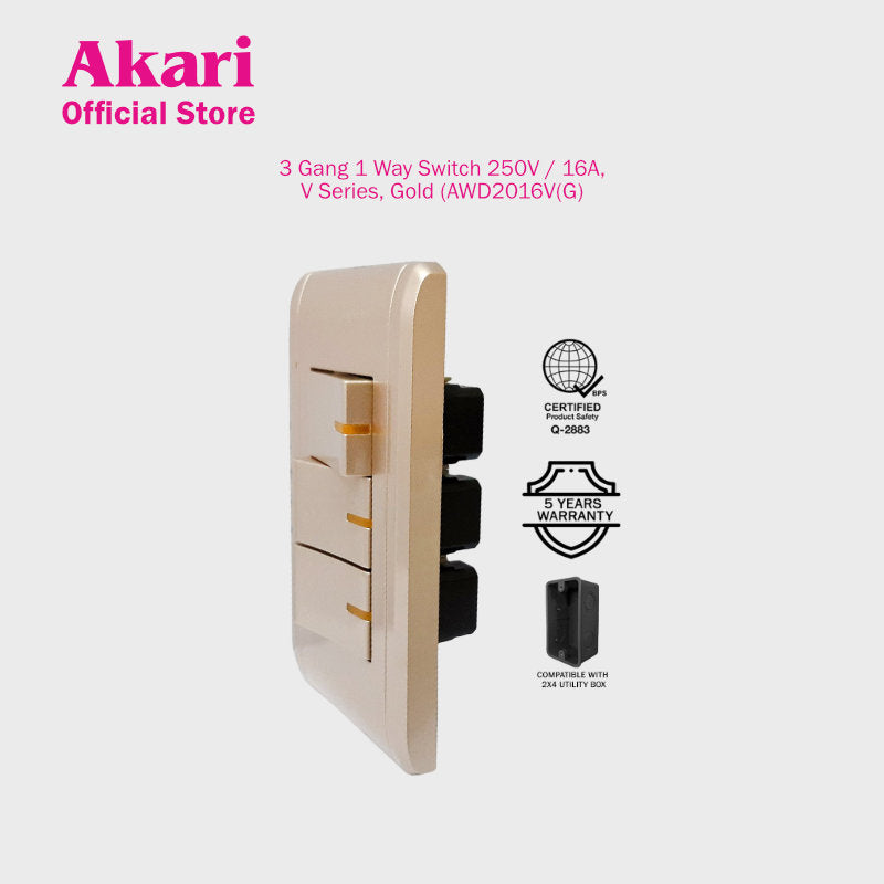 Akari 3 Gang 1 Way Switch 250V / 16A, V Series, Gold (AWD2016V(G)