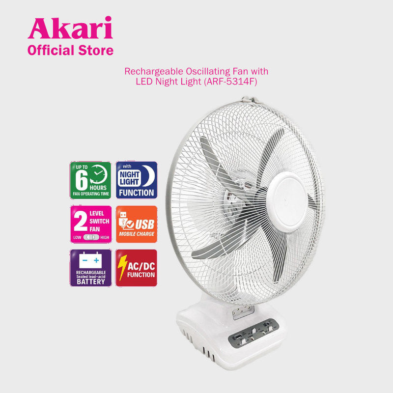 Akari 14" Rechargeable Oscillating Fan with LED Night Light (ARF-5314F)