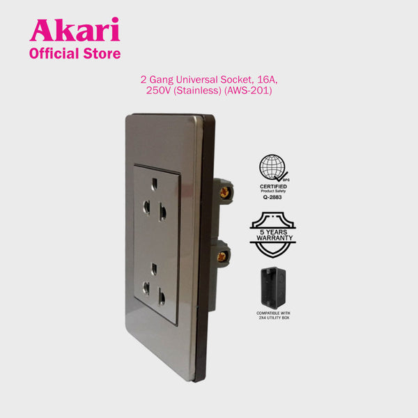 Akari 2 Gang Universal Socket, 16A,250V (Steel) (AWS-201)