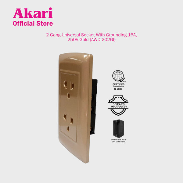 Akari 2 Gang Universal Socket with Grounding - Gold (AWD-202GI)