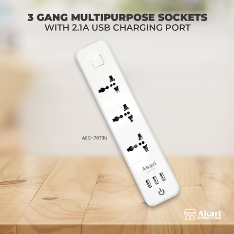 Akari 3 Gang Multipurpose Sockets with  2.1A USB Charging Port (AEC-7673U)