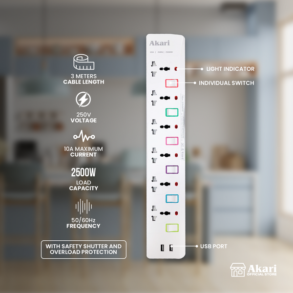 Akari 6 Gang USB Extension Cord (AEC-H2206)