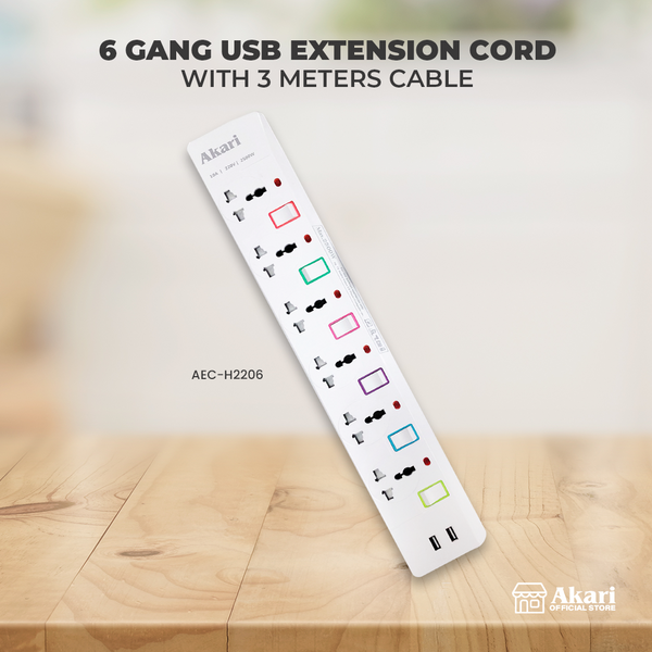 Akari 6 Gang USB Extension Cord (AEC-H2206)