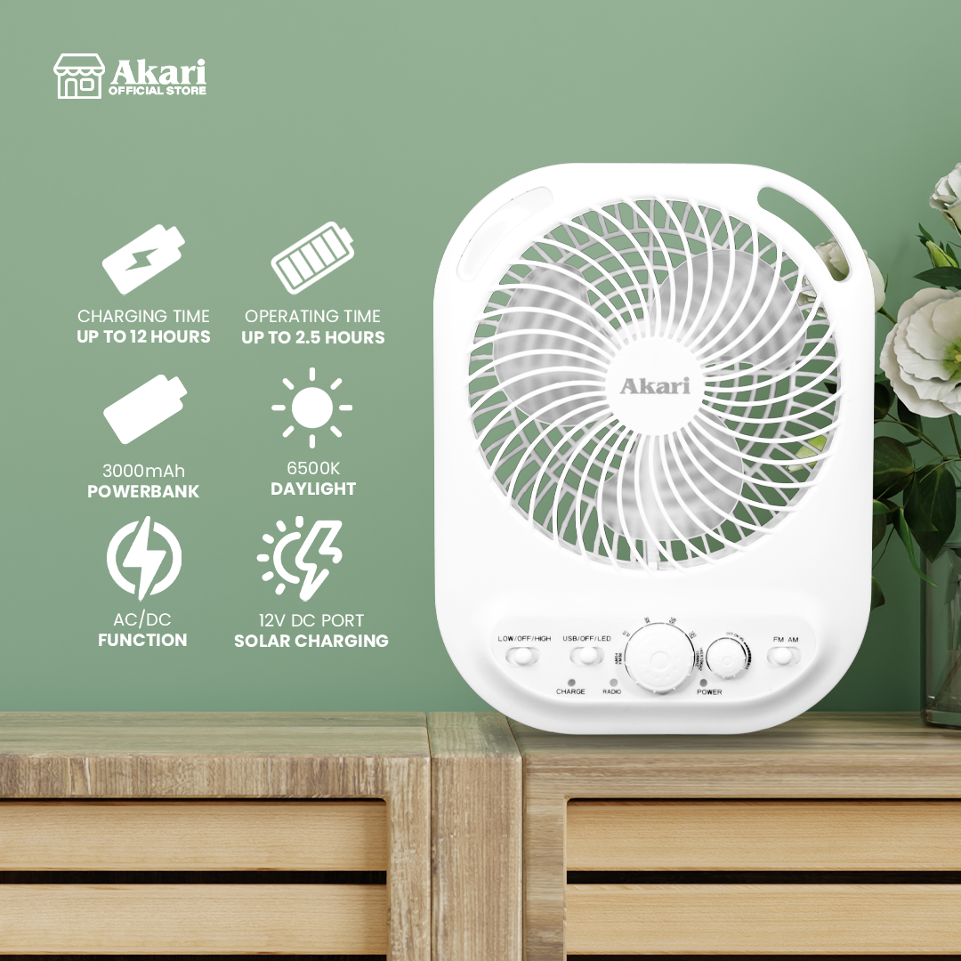 Akari 6" Rechargeable Box Fan with Radio and Night Light (ARBF-5511R)