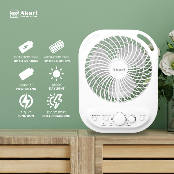 Akari 6" Rechargeable Box Fan with Radio and Night Light (ARBF-5511R)