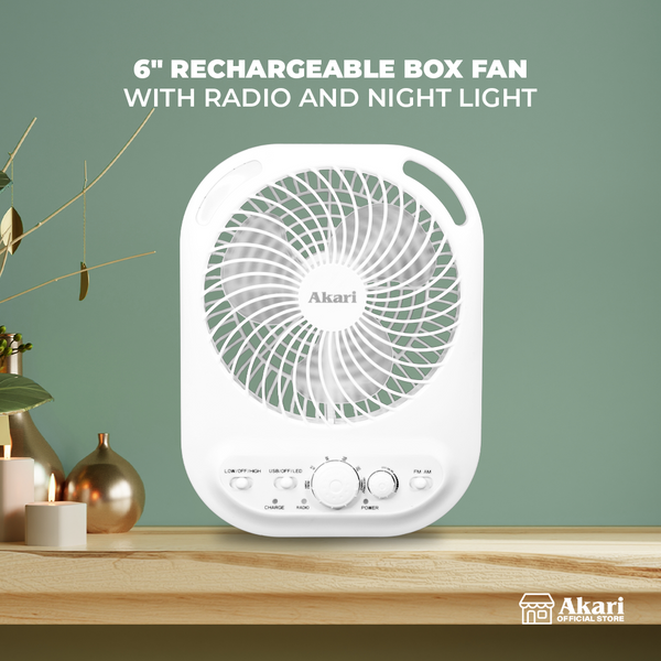 Akari 6" Rechargeable Box Fan with Radio and Night Light (ARBF-5511R)