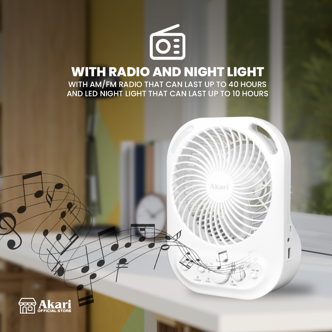Akari 6" Rechargeable Box Fan with Radio and Night Light (ARBF-5511R)
