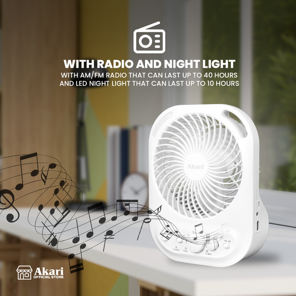Akari 6" Rechargeable Box Fan with Radio and Night Light (ARBF-5511R)