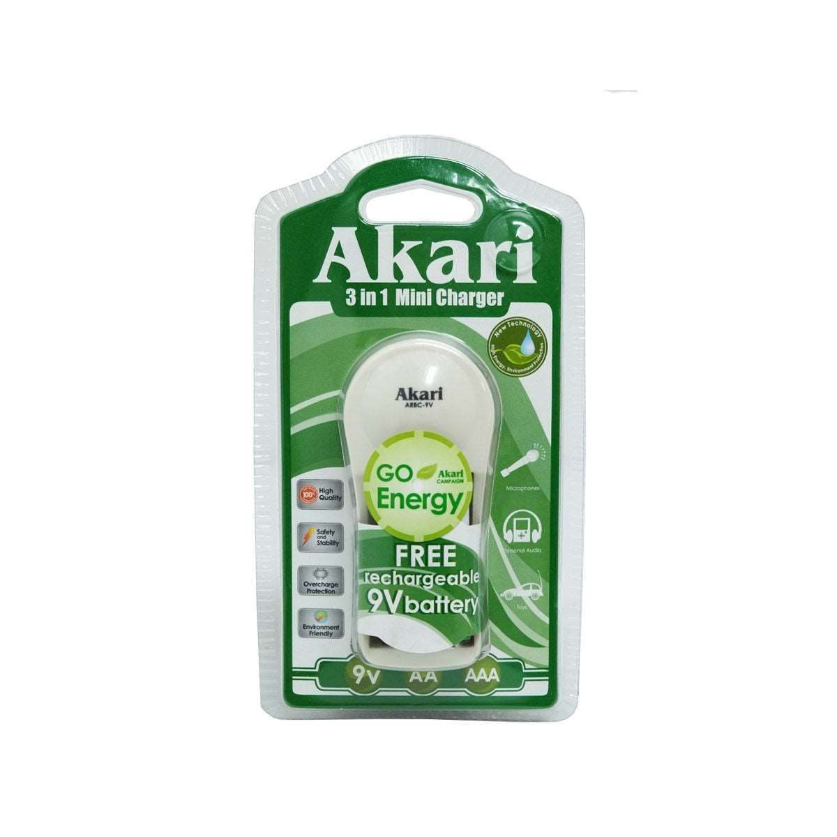 Akari 3 in 1 Mini Battery Charger With FREE1x9V Battery (ARBC-9V)