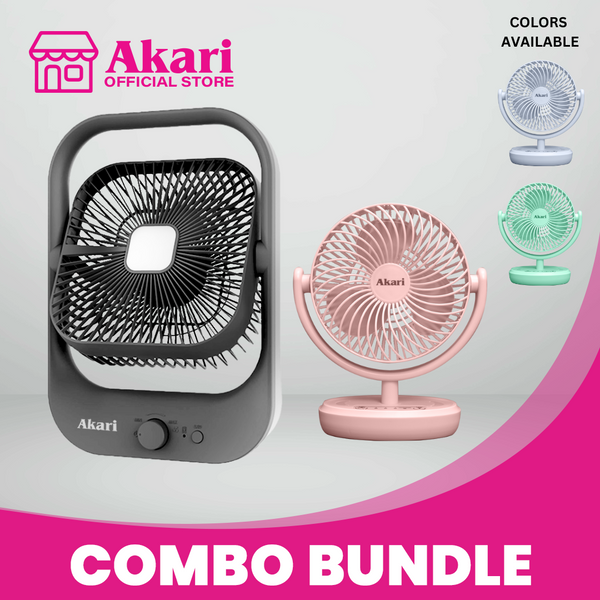 Akari B1G1: 8" Rechargeable Square Fan  + Akari 6” Rechargeable LED Desk fan