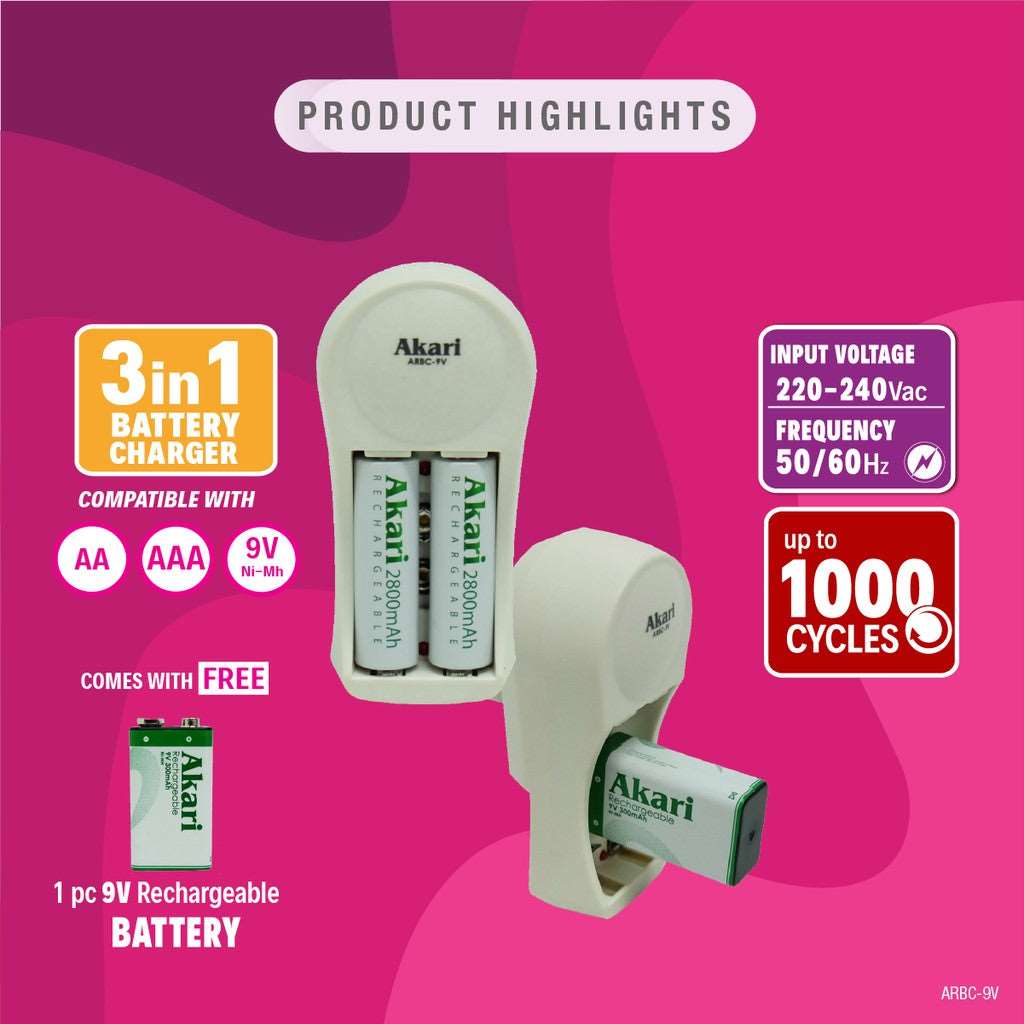 Akari 3 in 1 Mini Battery Charger With FREE1x9V Battery (ARBC-9V)